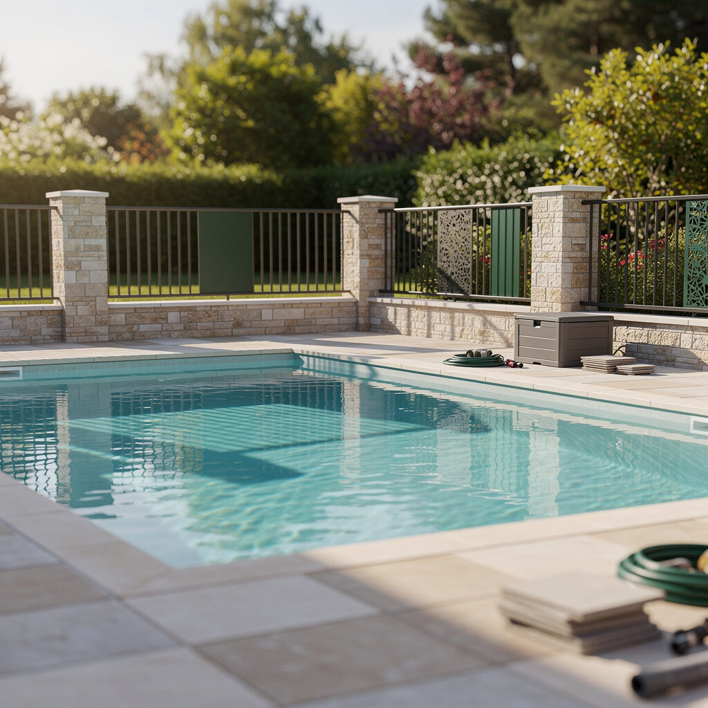 Pool, Terrasse und Zaun aus einer Abstimmung – Galabau De Wit